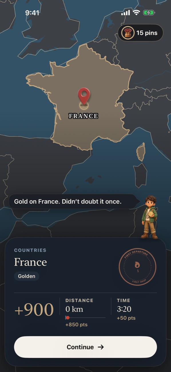 A pin dropped inside France on a map with no labels