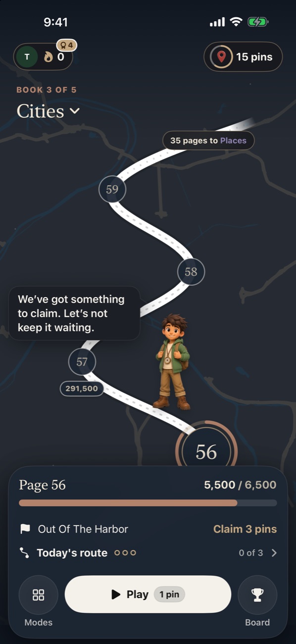 The journey map: numbered pages in the Cities book